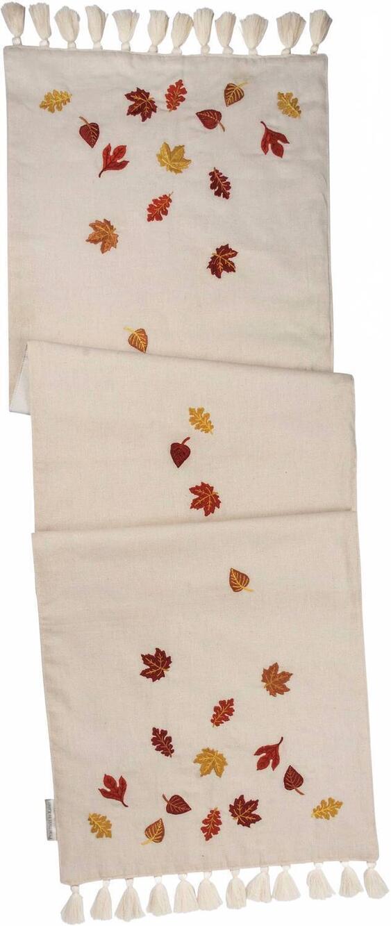 NEW PRIMITIVES BY KATHY falling leaves embroidered linen table runner in beige